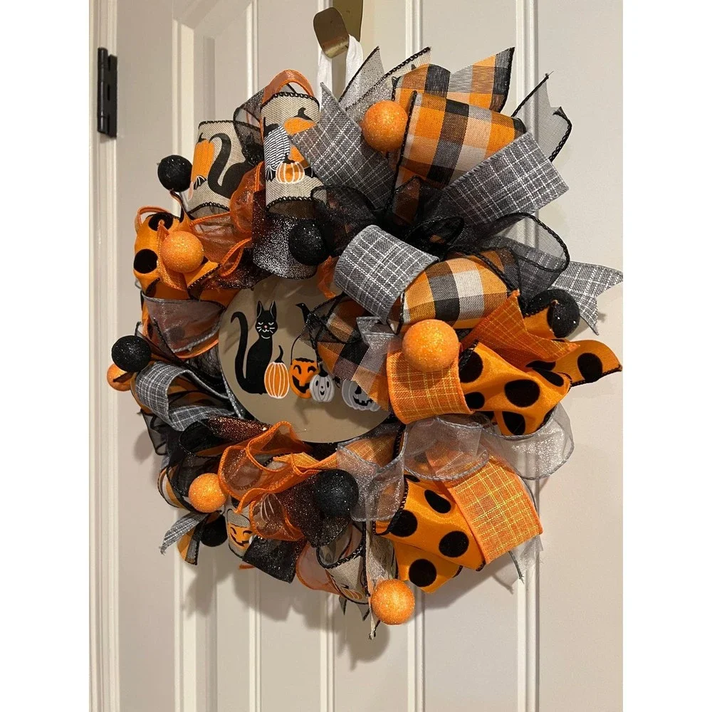 13 inch Halloween Ribbon Wreath Black Cat MW6